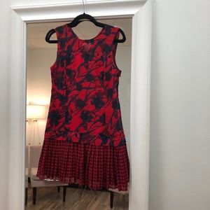 Red & Navy floral print dress w/peplum around hip